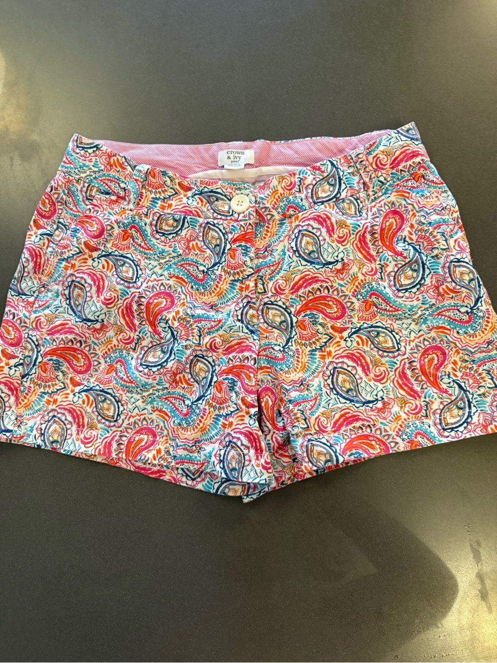 crown & ivy Petite Pink Striped Waistband Shorts with Multicolor Trim